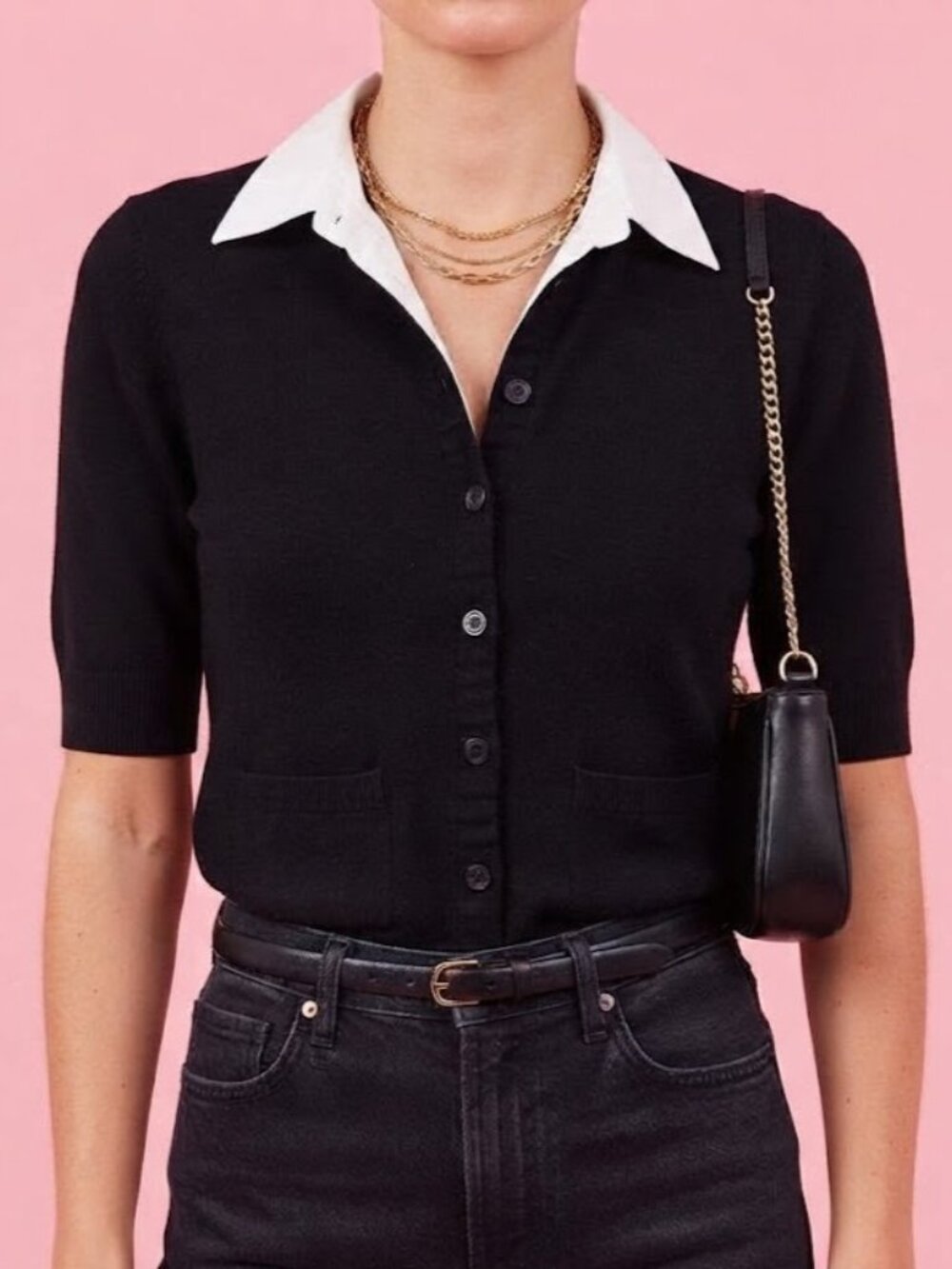 Black Button-Front Collared Knit Short Sleeve Top